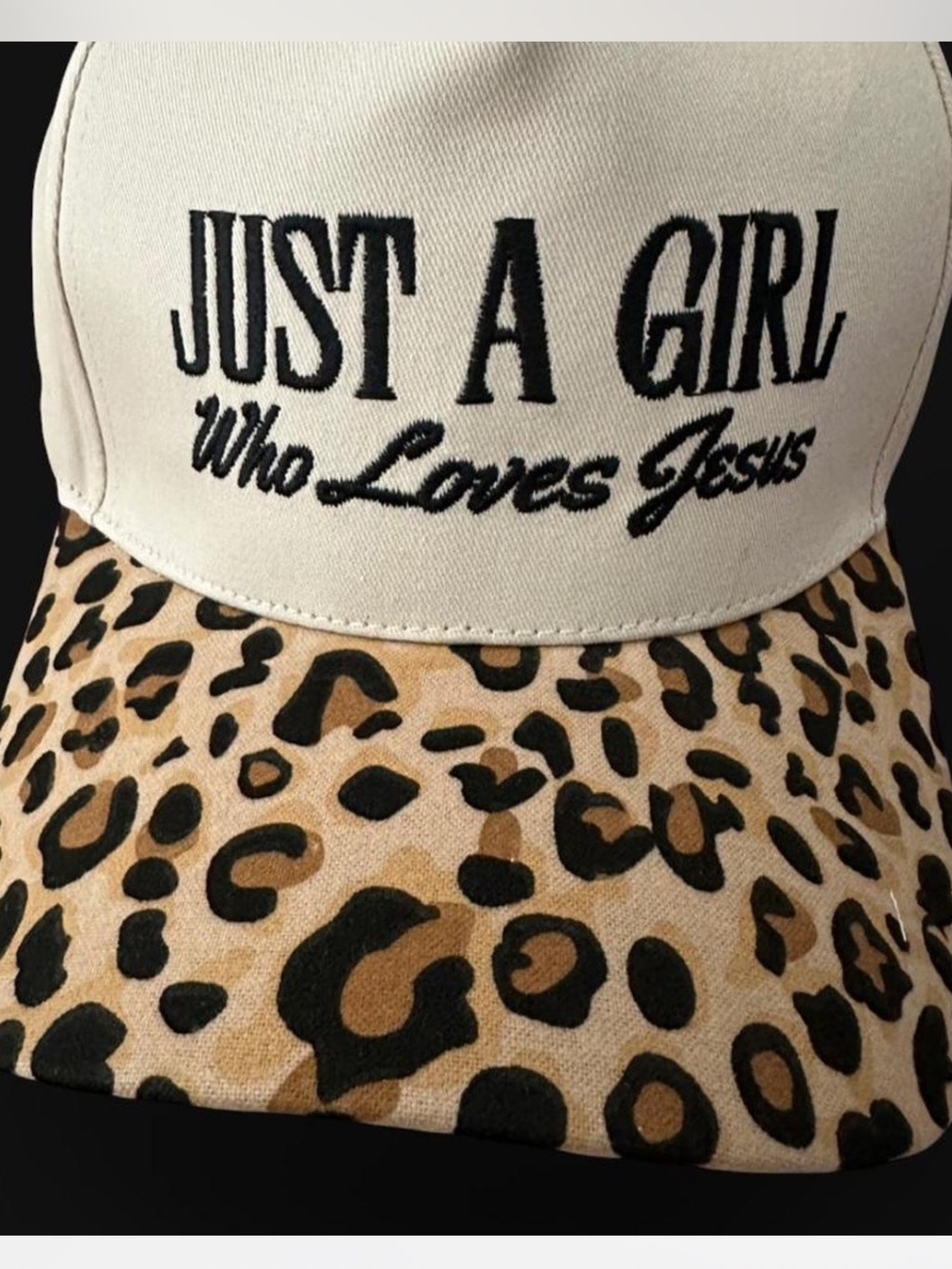 Just A Girl Who Loves Jesus Leopard Brim Baseball hat Brown Christian trucker